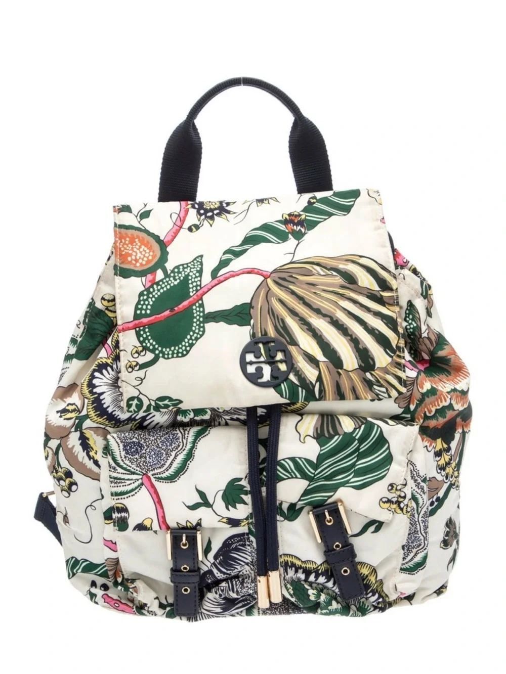 Tory Burch Cream Floral Nylon Backpack with Green & Multicolor Print